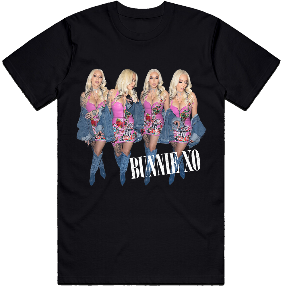 A classic black tee with custom Bunnie Xo artwork on the front.