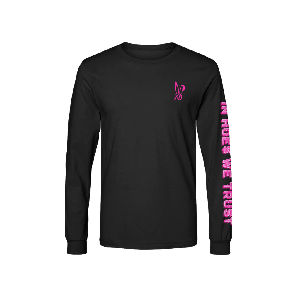 A classic black long sleeve tee shirt with custom Bunnie XO artwork