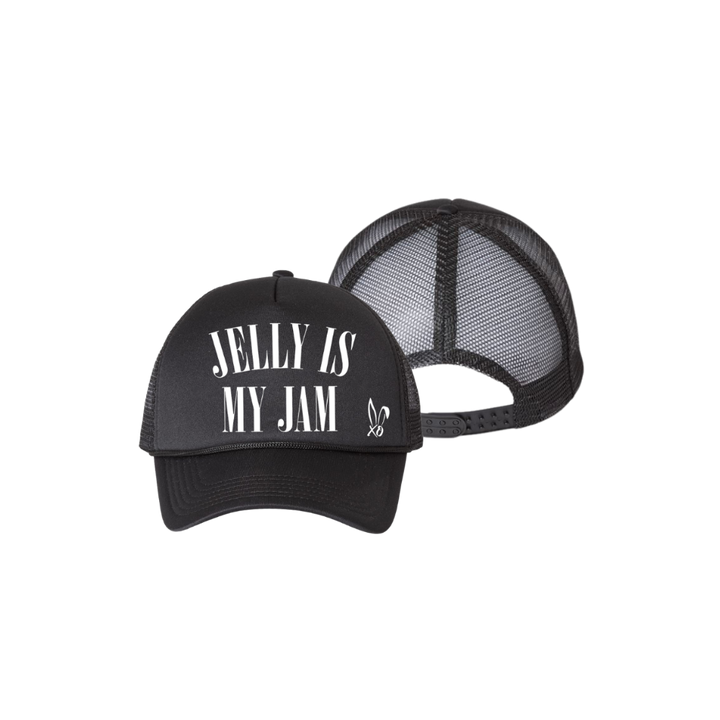 A classic black trucker hat with Jelly is My Jam on the front, from BUNNIE XO.