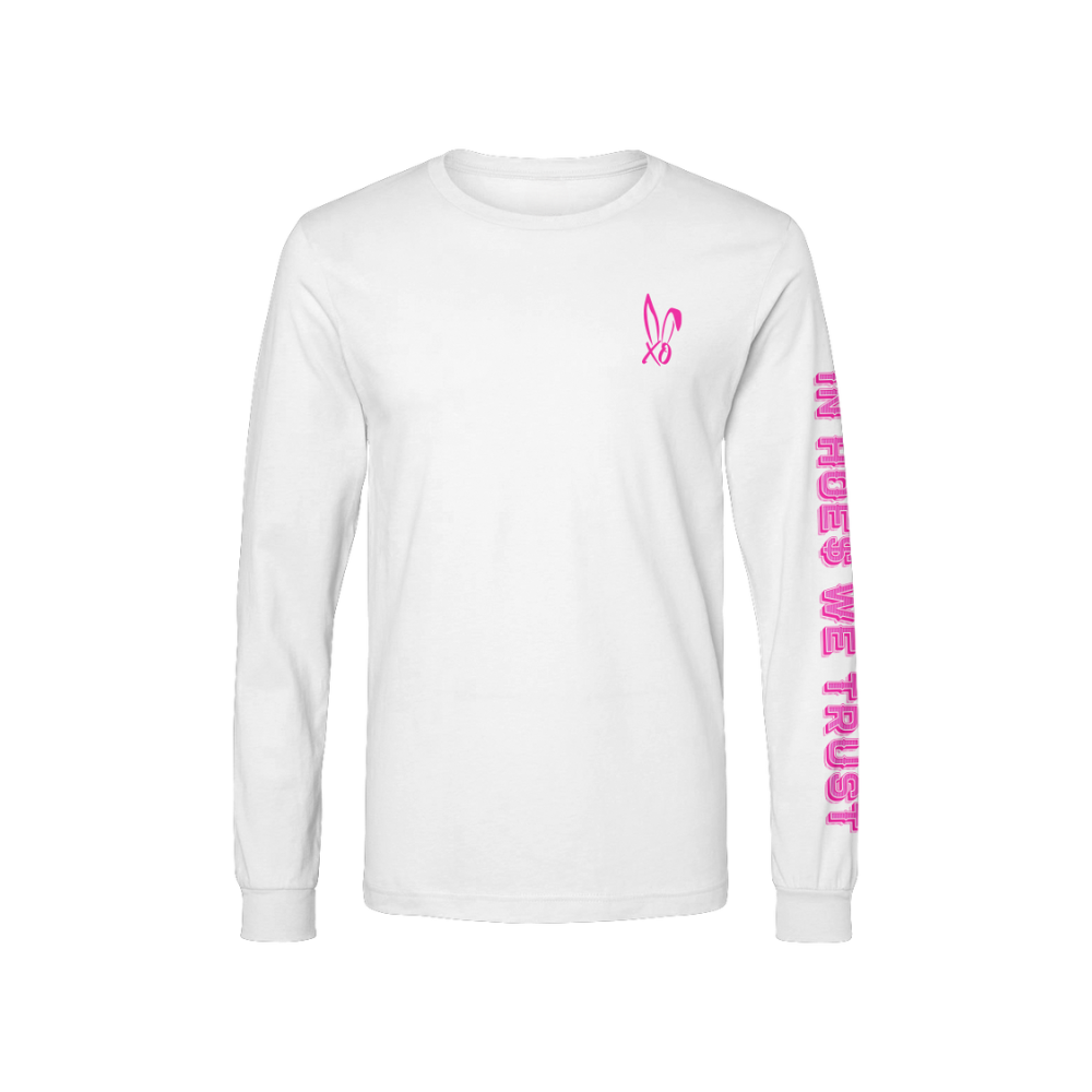 A classic white long sleeve tee shirt with custom Bunnie XO artwork