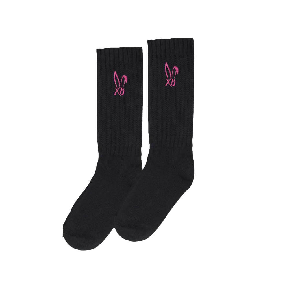 A pair of black slouchy socks with Bunnie XO logo
