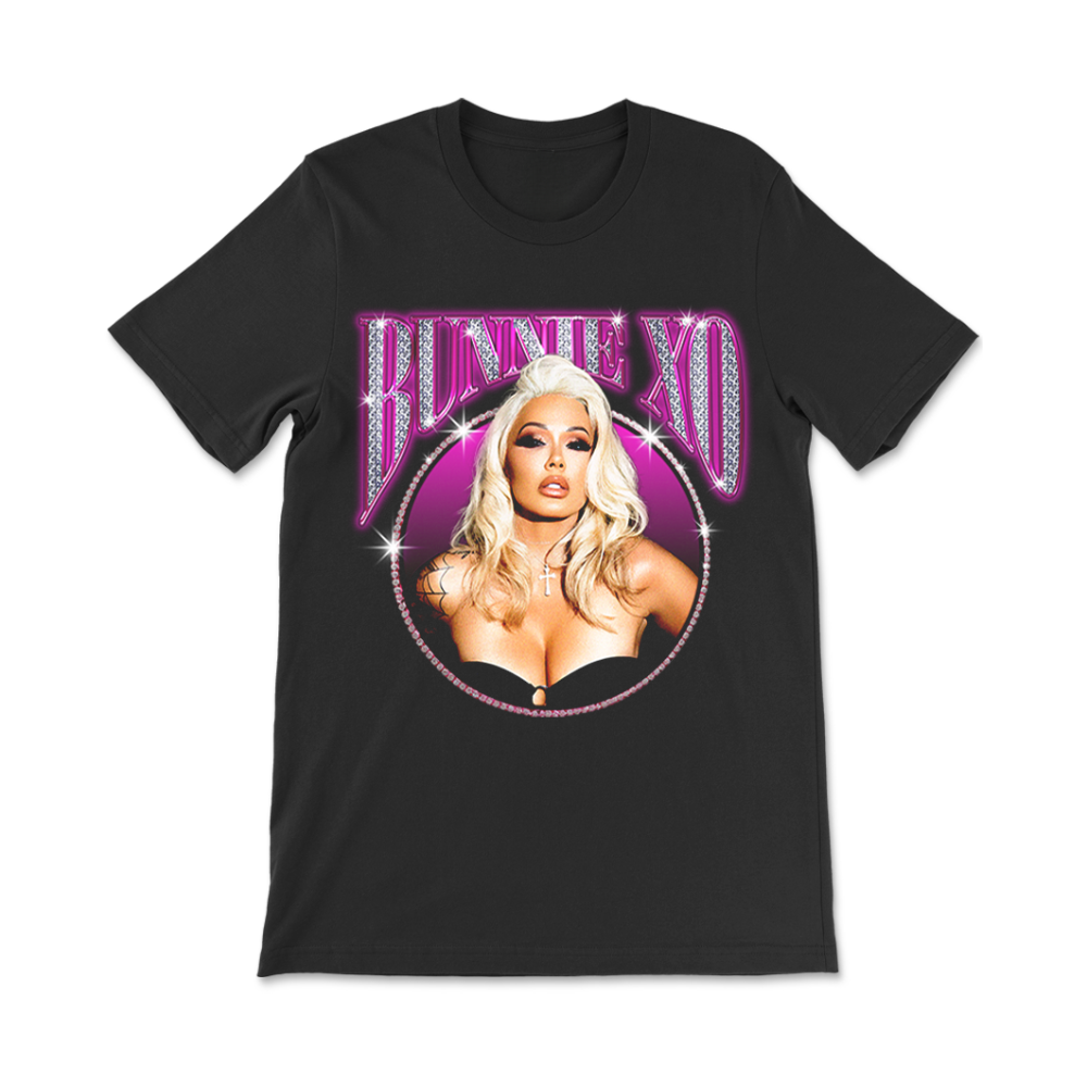 A classic black tee shirt with custom Bunnie XO artwork