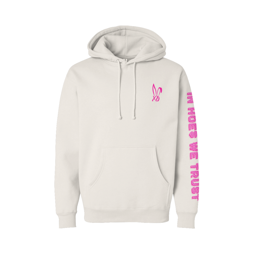 A classic off white pullover hoodie with custom Bunnie XO artwork