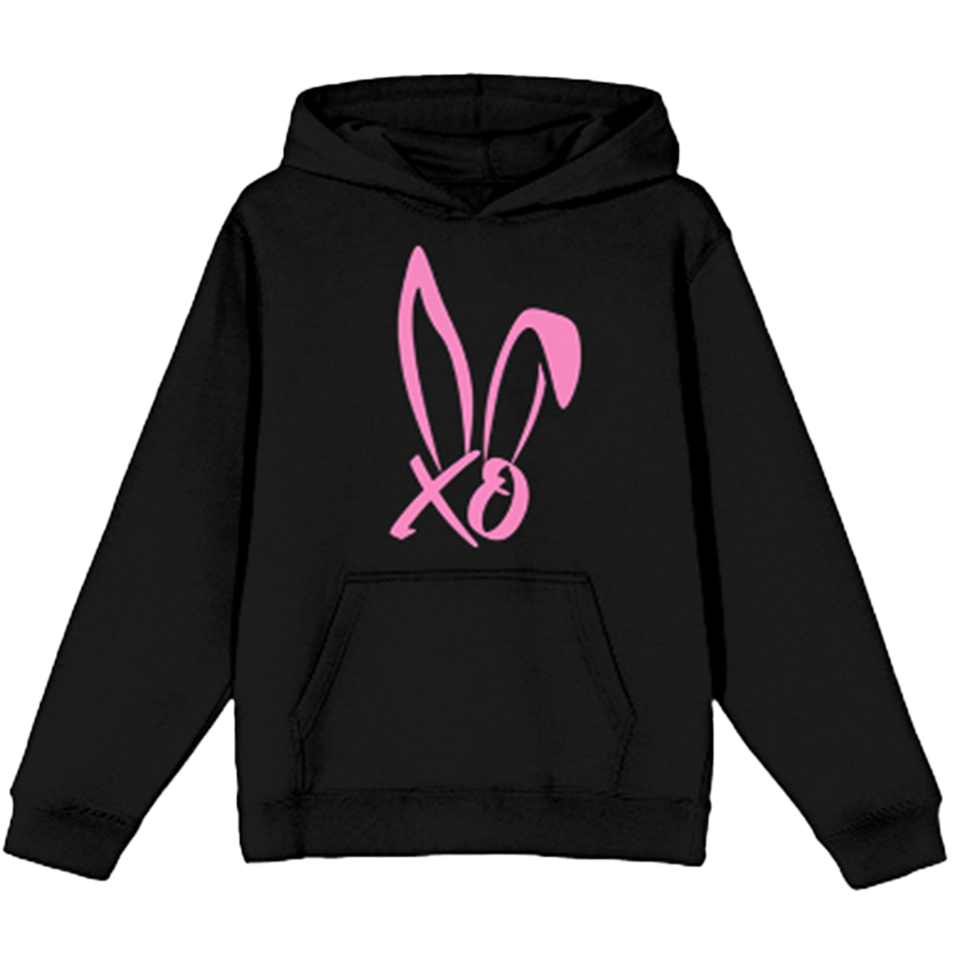 A classic black pullover hoodie with drawstring hood and front kangaroo pocket. With a pink BUNNIE XO logo on the front.