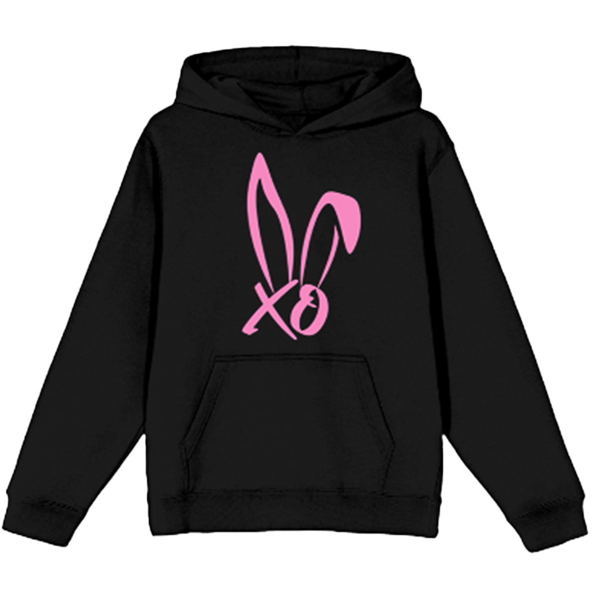 A classic black pullover hoodie with drawstring hood and front kangaroo pocket. With a pink BUNNIE XO logo on the front.