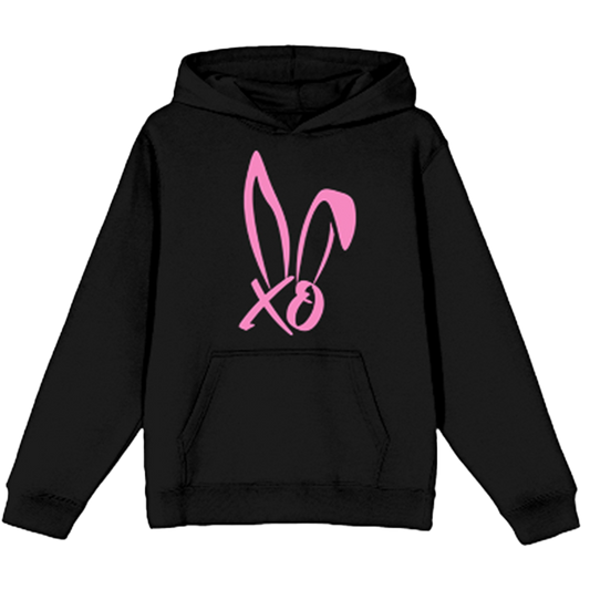 A classic black pullover hoodie with drawstring hood and front kangaroo pocket. With a pink BUNNIE XO logo on the front.