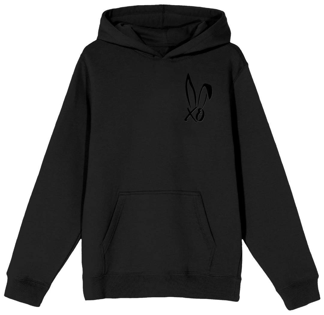 A classic black hoodie with Bunnie Xo logo embroidered in black on the front. 