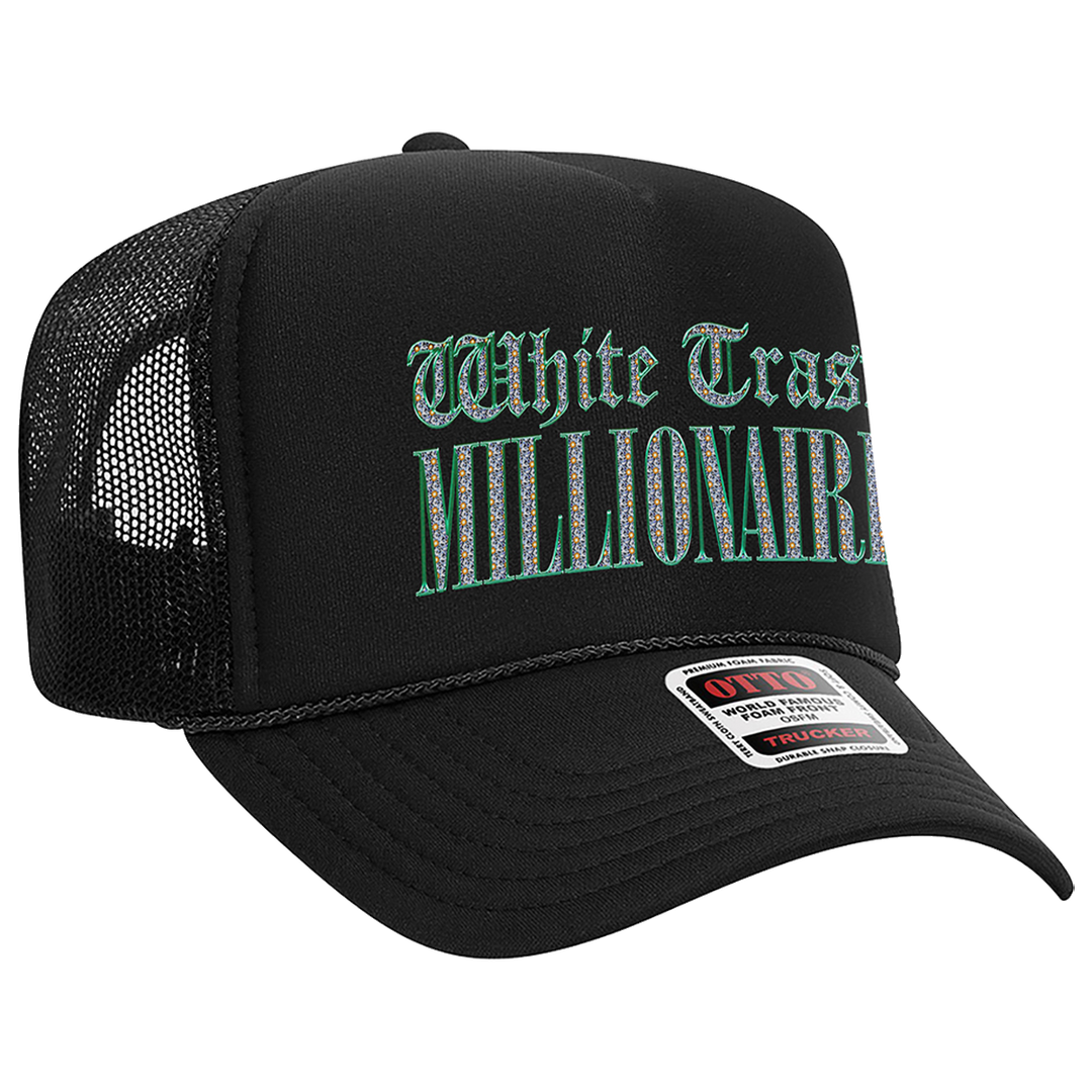 A classic black trucker hat with White Trash Millionaire on the front, from BUNNIE XO.