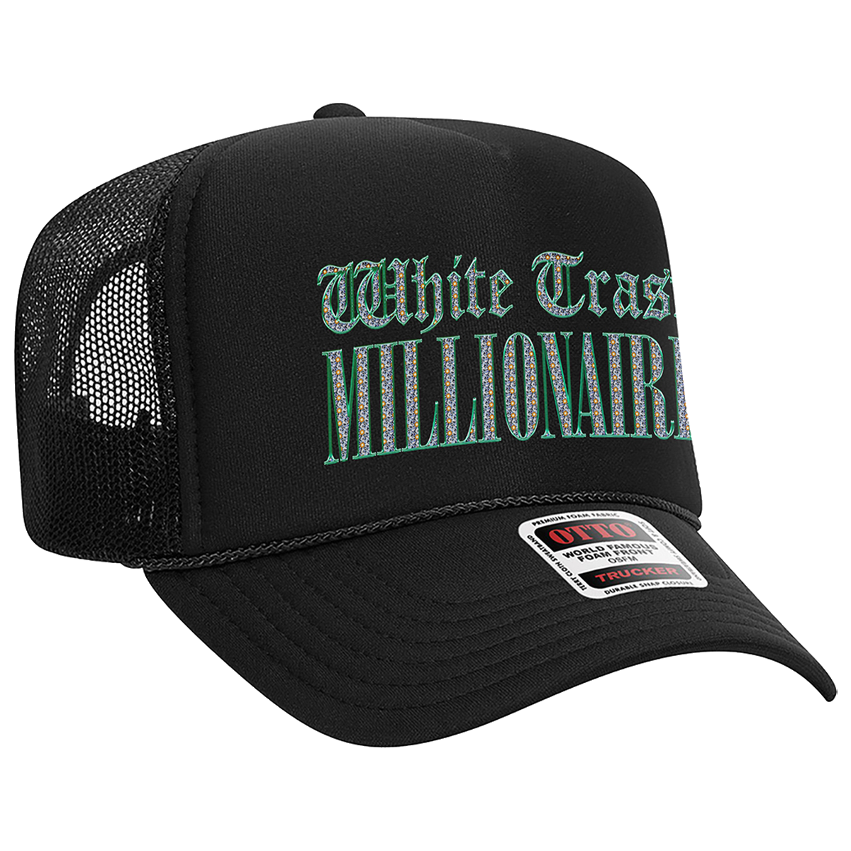 A classic black trucker hat with White Trash Millionaire on the front, from BUNNIE XO.