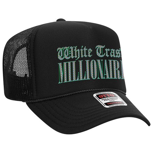 A classic black trucker hat with White Trash Millionaire on the front, from BUNNIE XO.