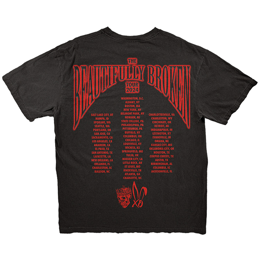 A classic black cotton tee shirt with Jelly Roll and BUNNIE XO artwork on the front and The Beautifully Broken 2024 tour dates on the back. 