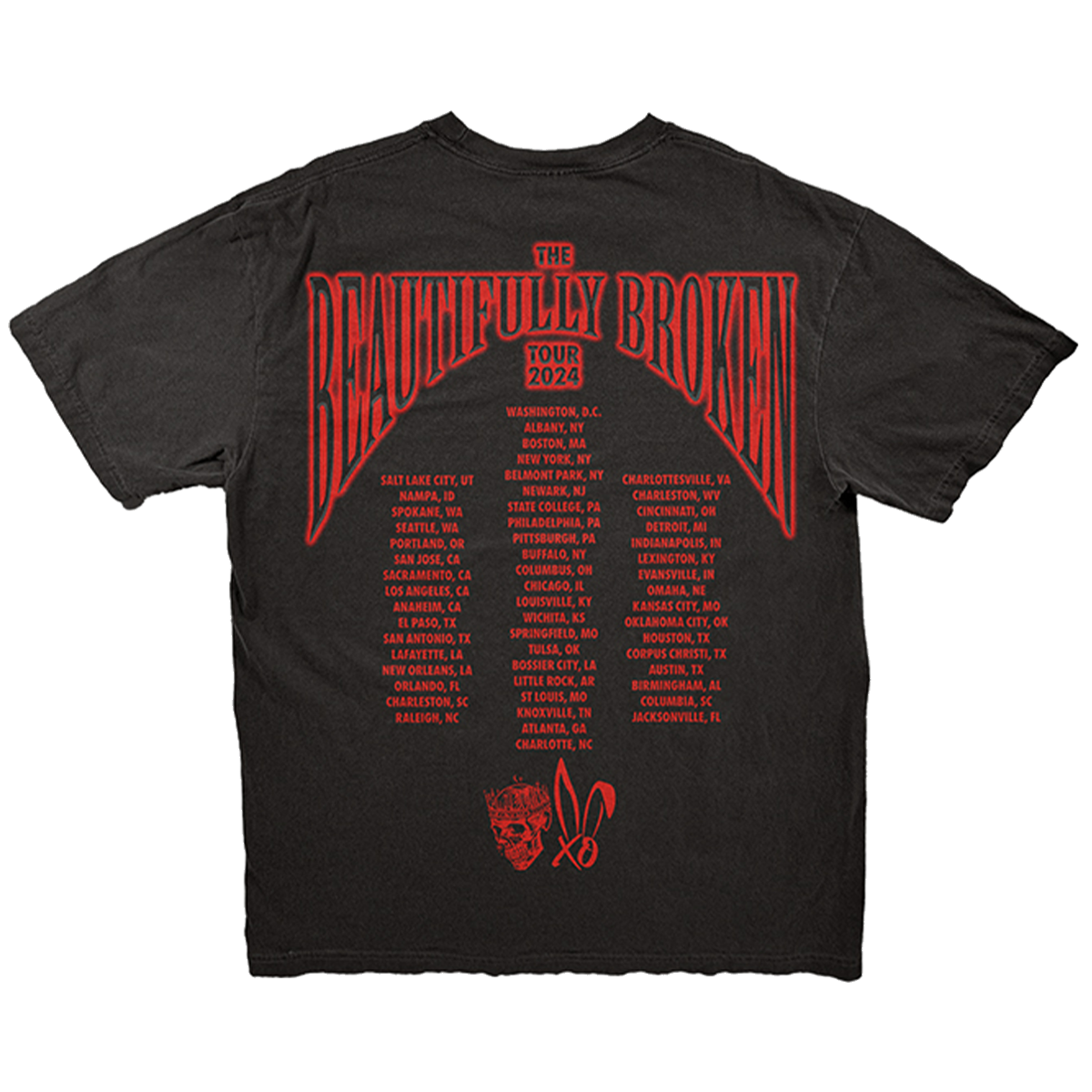 A classic black cotton tee shirt with Jelly Roll and BUNNIE XO artwork on the front and The Beautifully Broken 2024 tour dates on the back. 