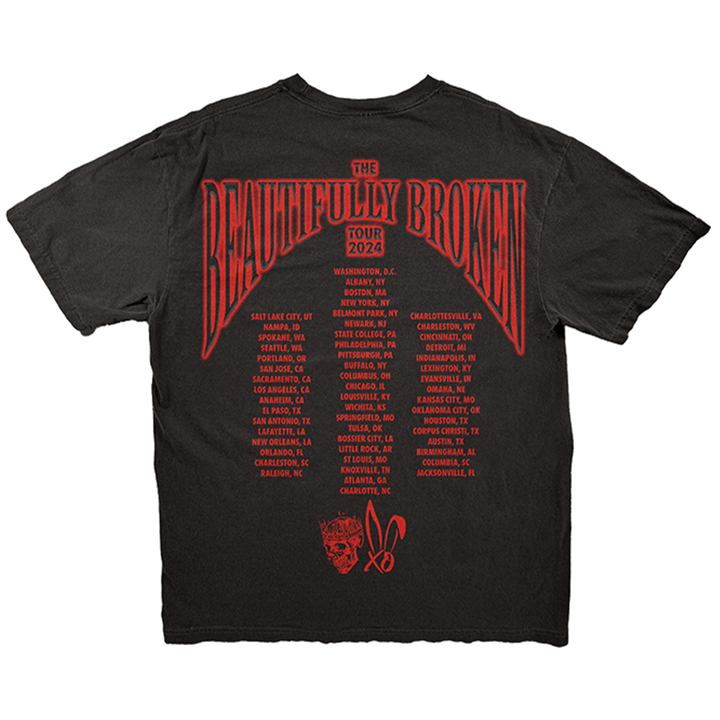 A classic black cotton tee shirt with Jelly Roll and BUNNIE XO artwork on the front and The Beautifully Broken 2024 tour dates on the back. 