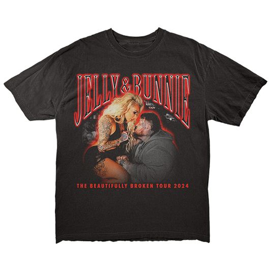 A classic black cotton tee shirt with Jelly Roll and BUNNIE XO artwork on the front and The Beautifully Broken 2024 tour dates on the back. 