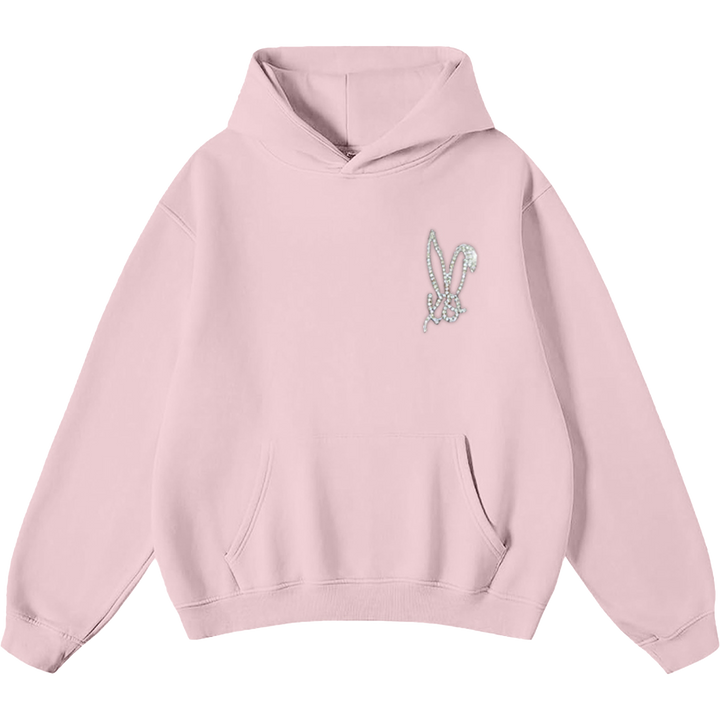 A classic pink pullover hoodie with rhinestone bedazzled Bunnie XO logo on the front.