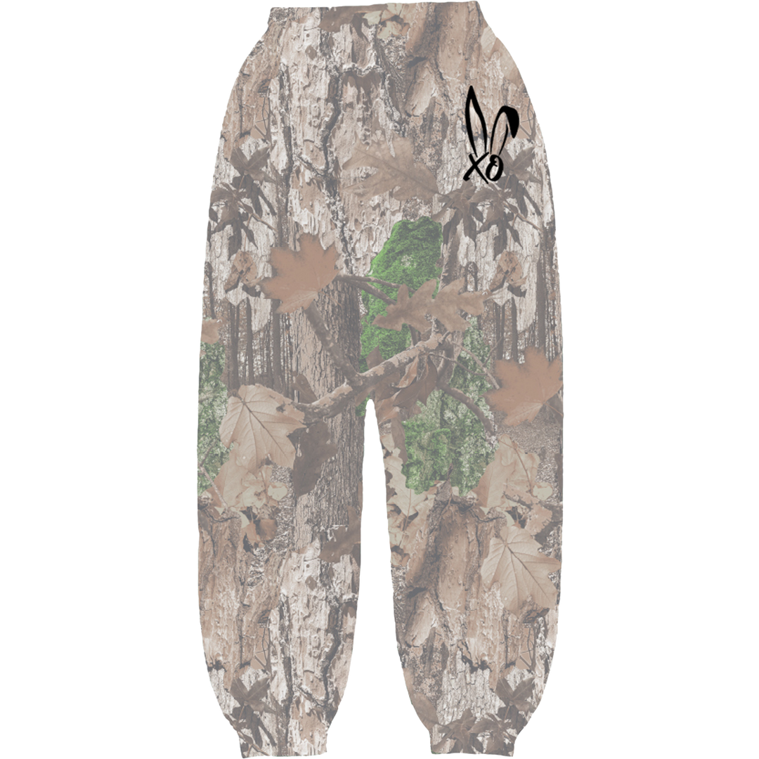 Classic oversized sweatpants in real camo print with Bunnie XO logo embroidered in black on the front hip.