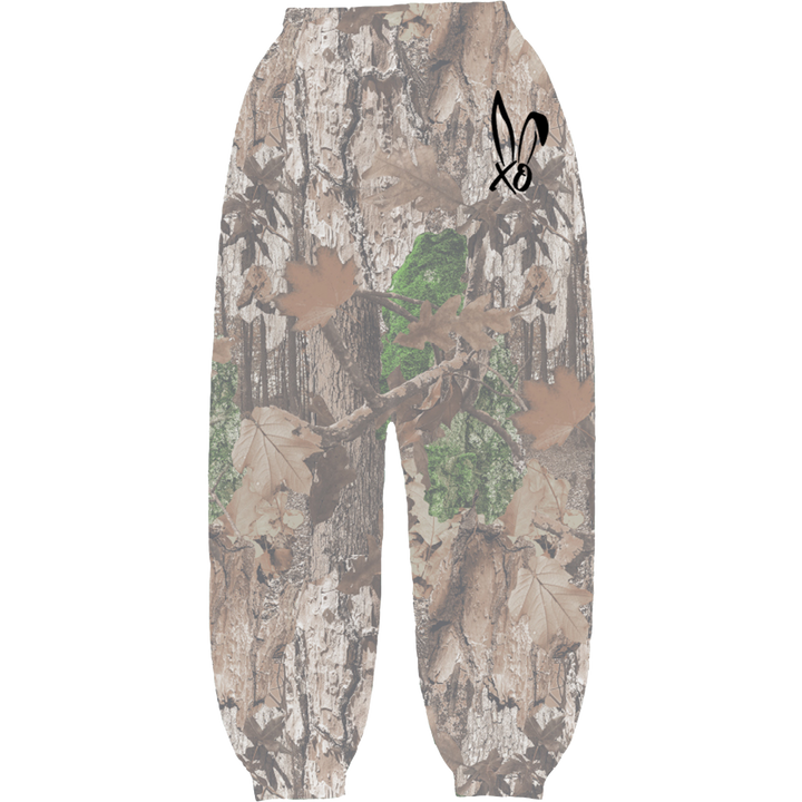 Classic oversized sweatpants in real camo print with Bunnie XO logo embroidered in black on the front hip.