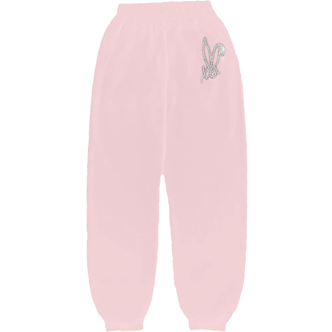 Classic oversized pink sweatpants with bedazzled rhinestone Bunnie XO logo on the front hip.