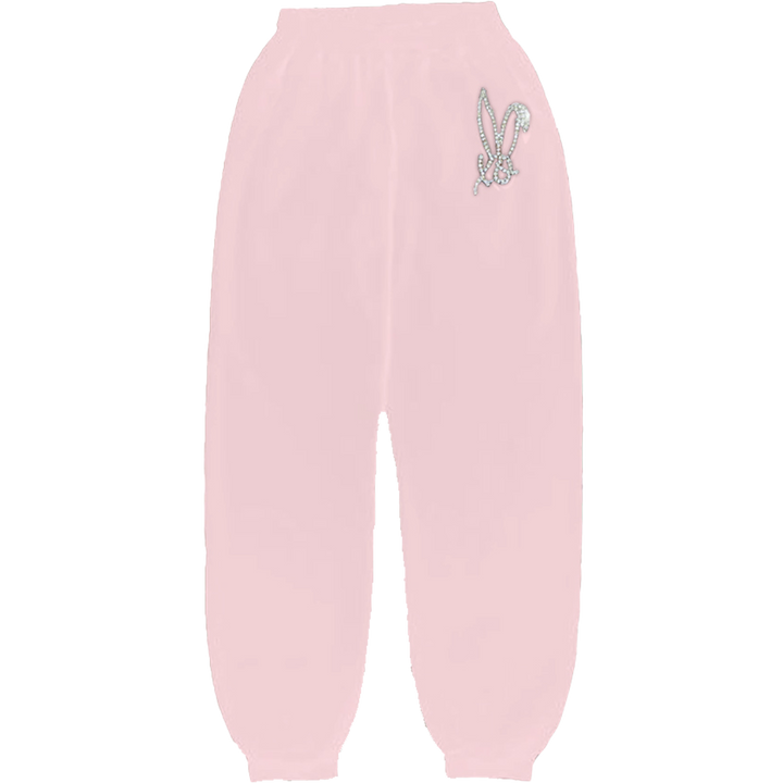 Classic oversized pink sweatpants with bedazzled rhinestone Bunnie XO logo on the front hip.