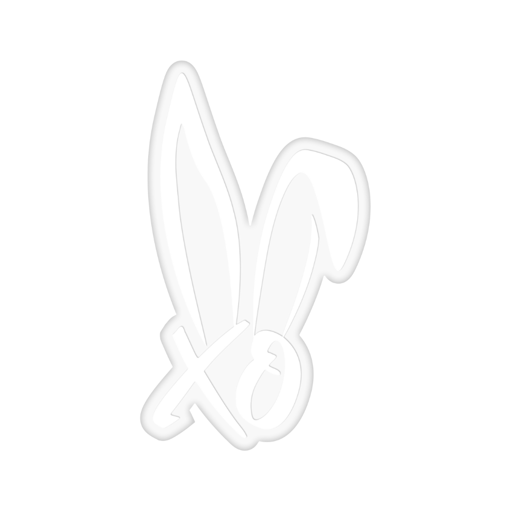 A white vinyl logo sticker from Bunnie XO