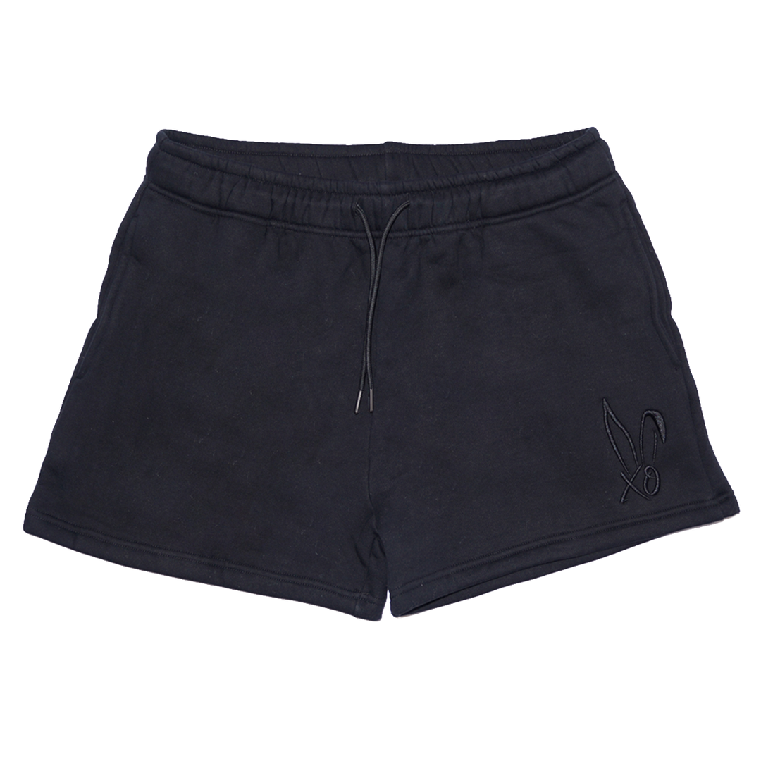 Black fleece sweat shorts with the Bunnie Xo logo embroidered in black on the front.