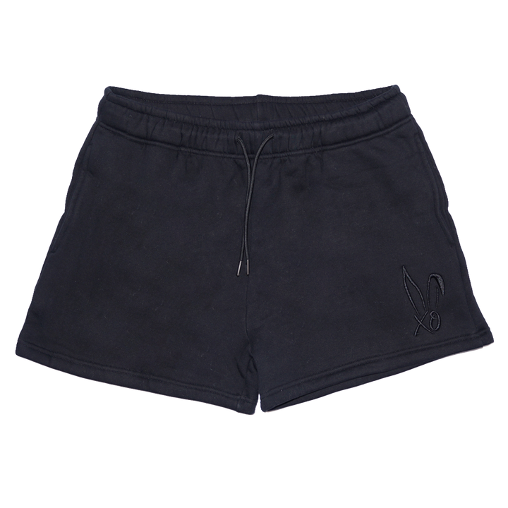 Black fleece sweat shorts with the Bunnie Xo logo embroidered in black on the front.