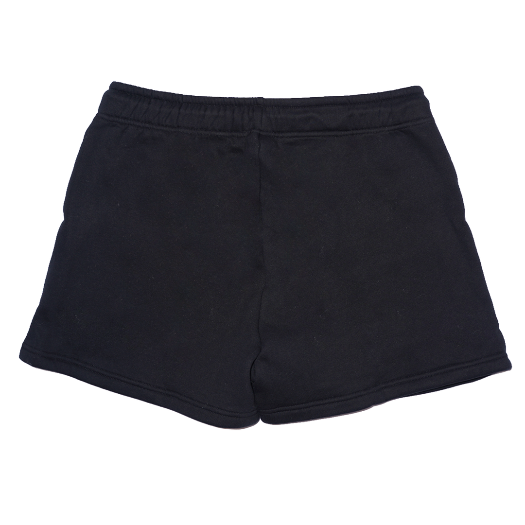 Black fleece sweat shorts with the Bunnie Xo logo embroidered in black on the front.
