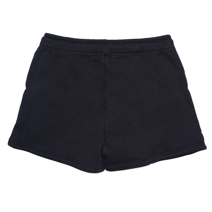 Black fleece sweat shorts with the Bunnie Xo logo embroidered in black on the front.
