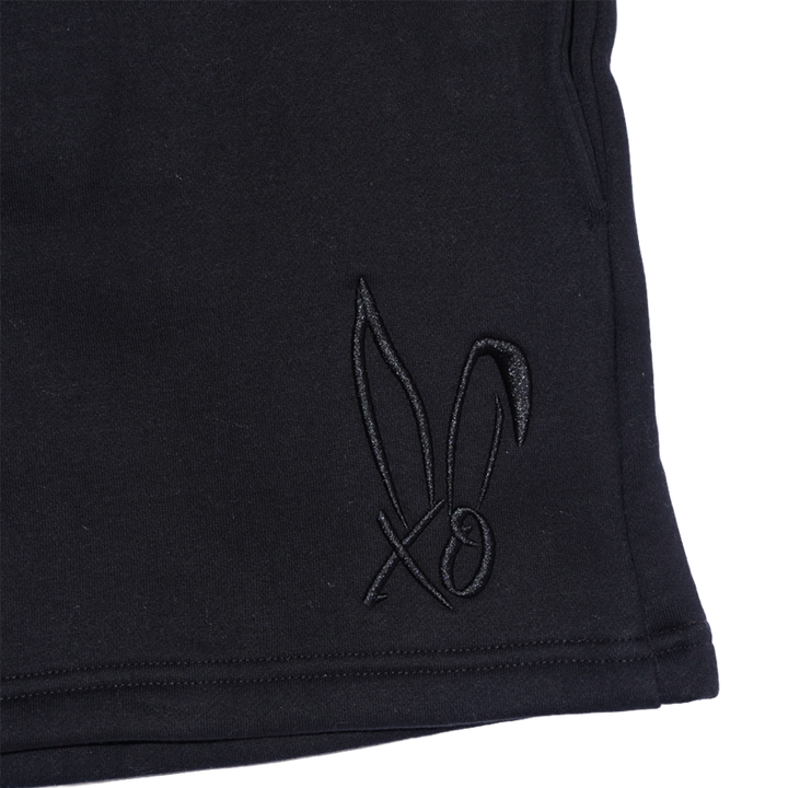 Black fleece sweat shorts with the Bunnie Xo logo embroidered in black on the front.