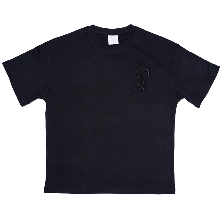 A classic black cotton tee with embroidered Bunnie Xo logo in black on the front. 