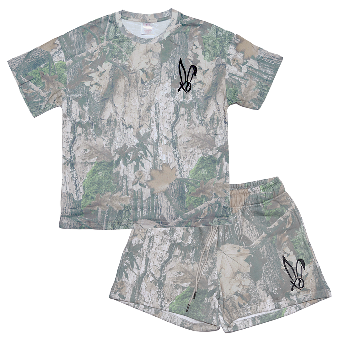 A real camo print tee and sweat short set with Bunnie Xo's logo embroidered in black.