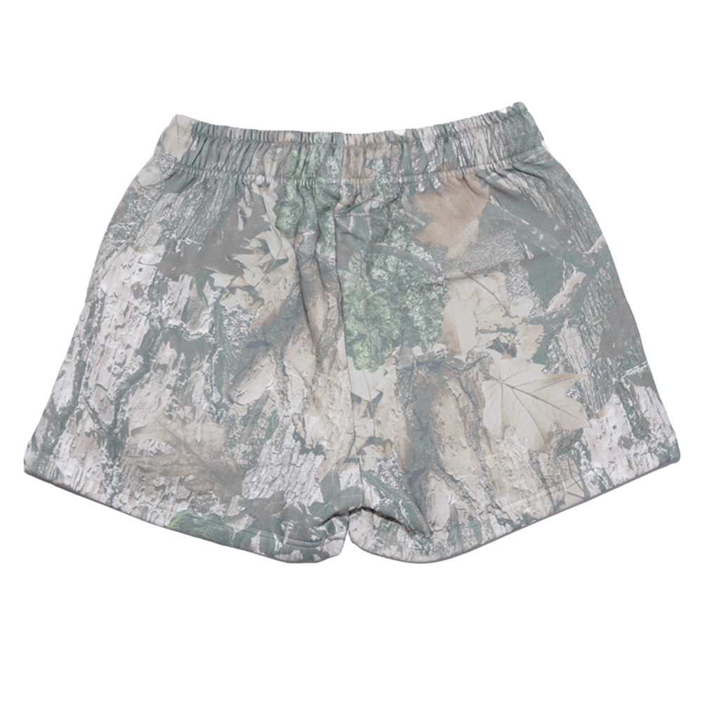 Classic real camo print fleece sweat shorts with the Bunnie Xo logo embroidered in black on the front. 