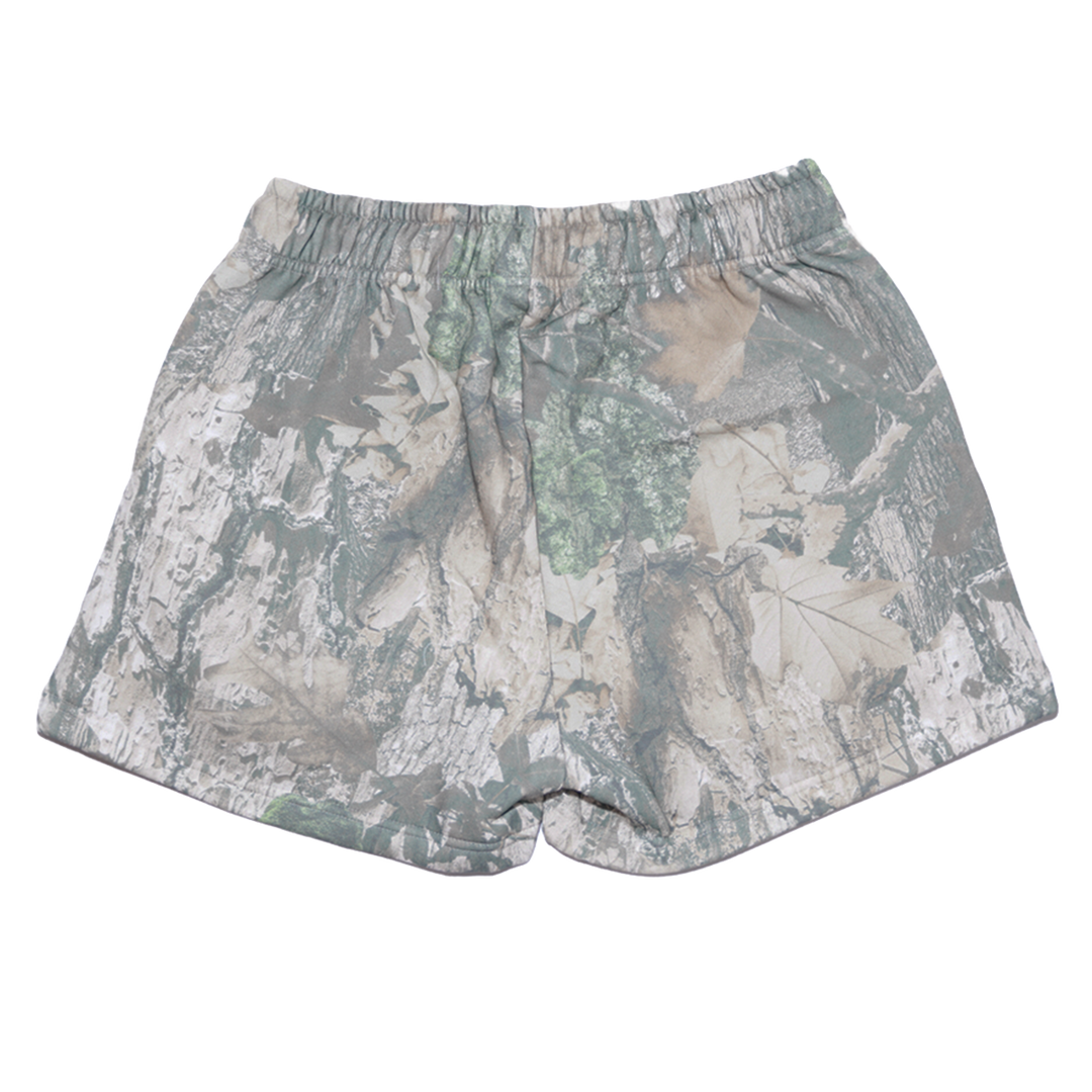 Classic real camo print fleece sweat shorts with the Bunnie Xo logo embroidered in black on the front. 