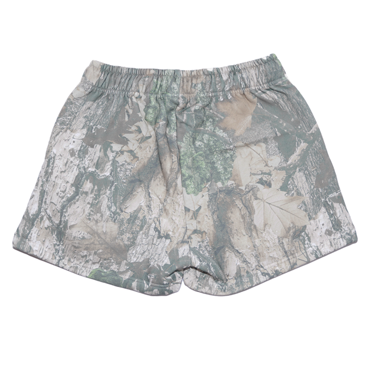Classic real camo print fleece sweat shorts with the Bunnie Xo logo embroidered in black on the front. 