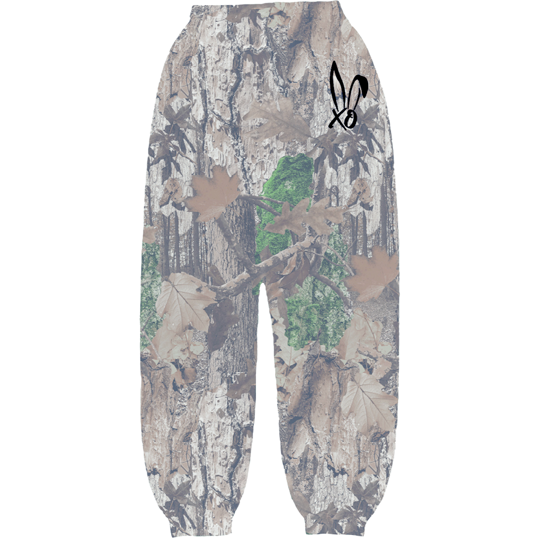 Classic oversized sweatpants in real camo print with Bunnie XO logo embroidered in black on the front hip.