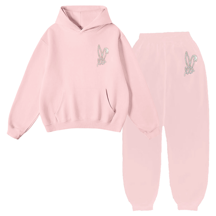Pink hoodie and pants set with bunny ear designs in rhinestones