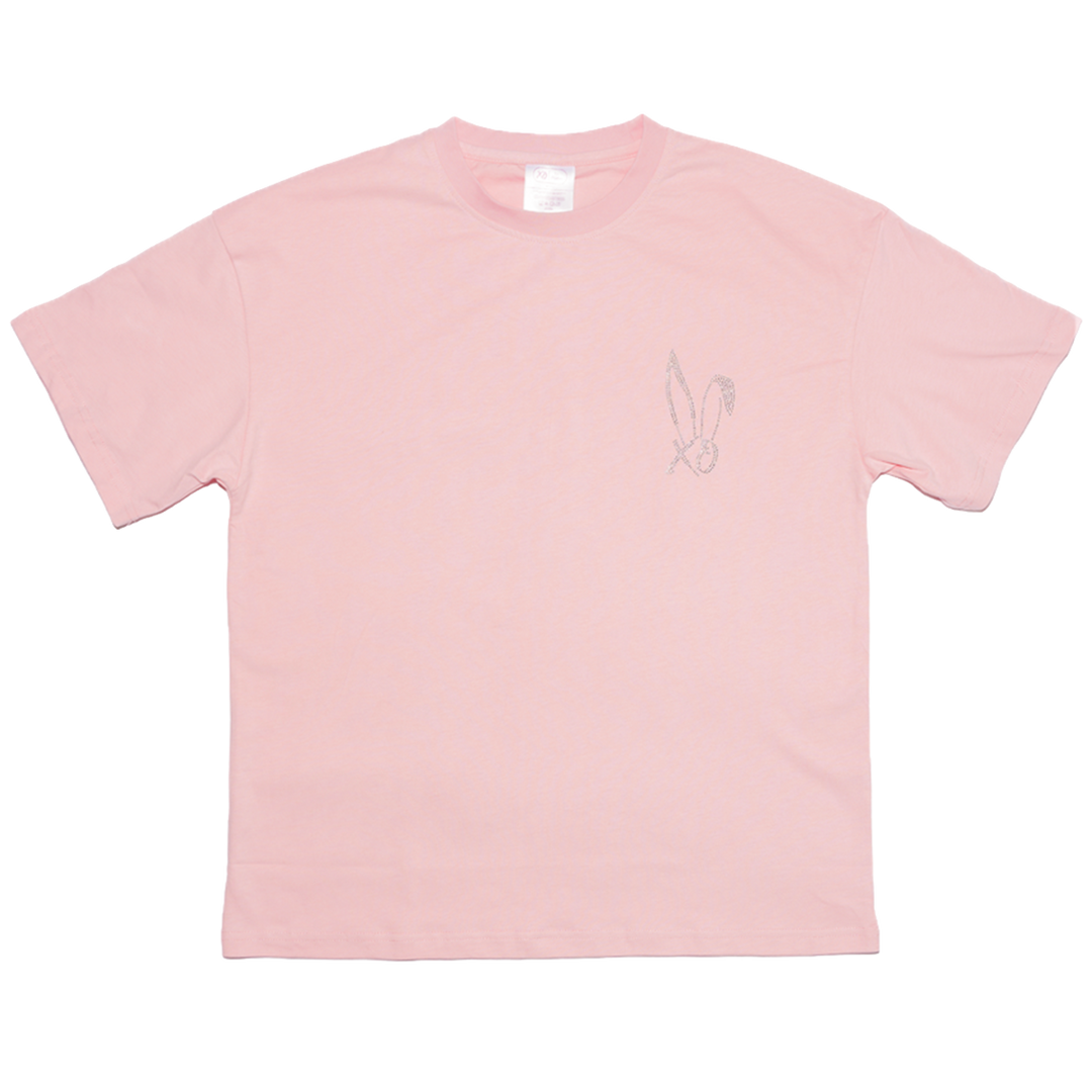 A classic pink cotton tee with bedazzled Bunnie Xo logo in rhinestones on the front. 