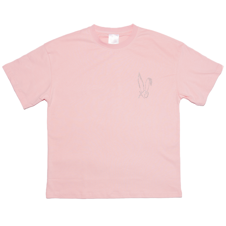 A classic pink cotton tee with bedazzled Bunnie Xo logo in rhinestones on the front. 