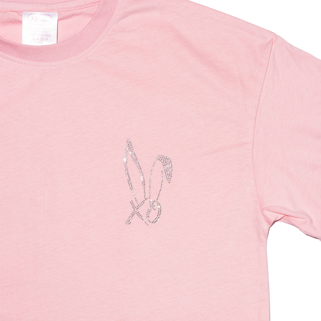 A classic pink cotton tee with bedazzled Bunnie Xo logo in rhinestones on the front. 