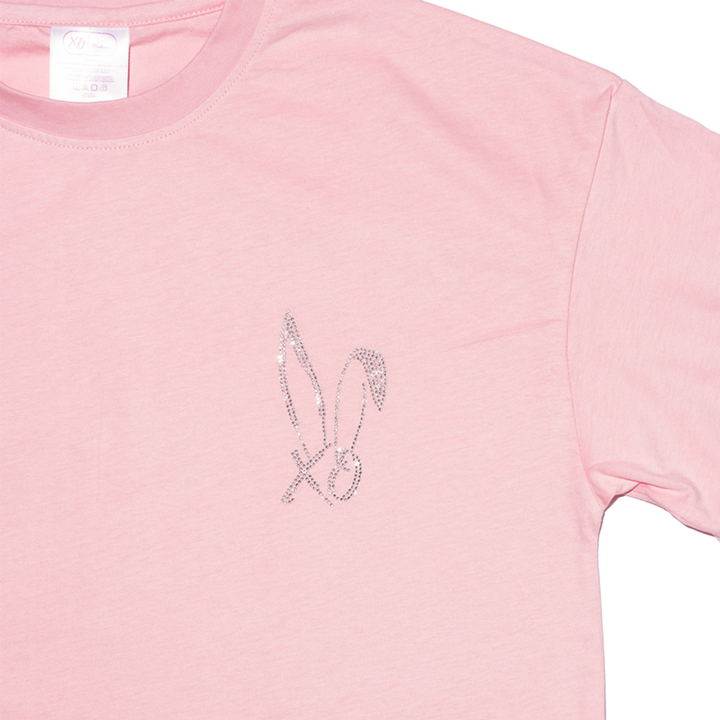 A classic pink cotton tee with bedazzled Bunnie Xo logo in rhinestones on the front. 