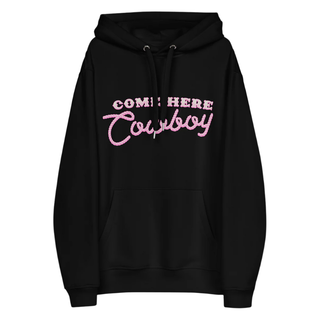 A classic black pullover hoodie with come here cowboy artwork across the front from Bunnie XO