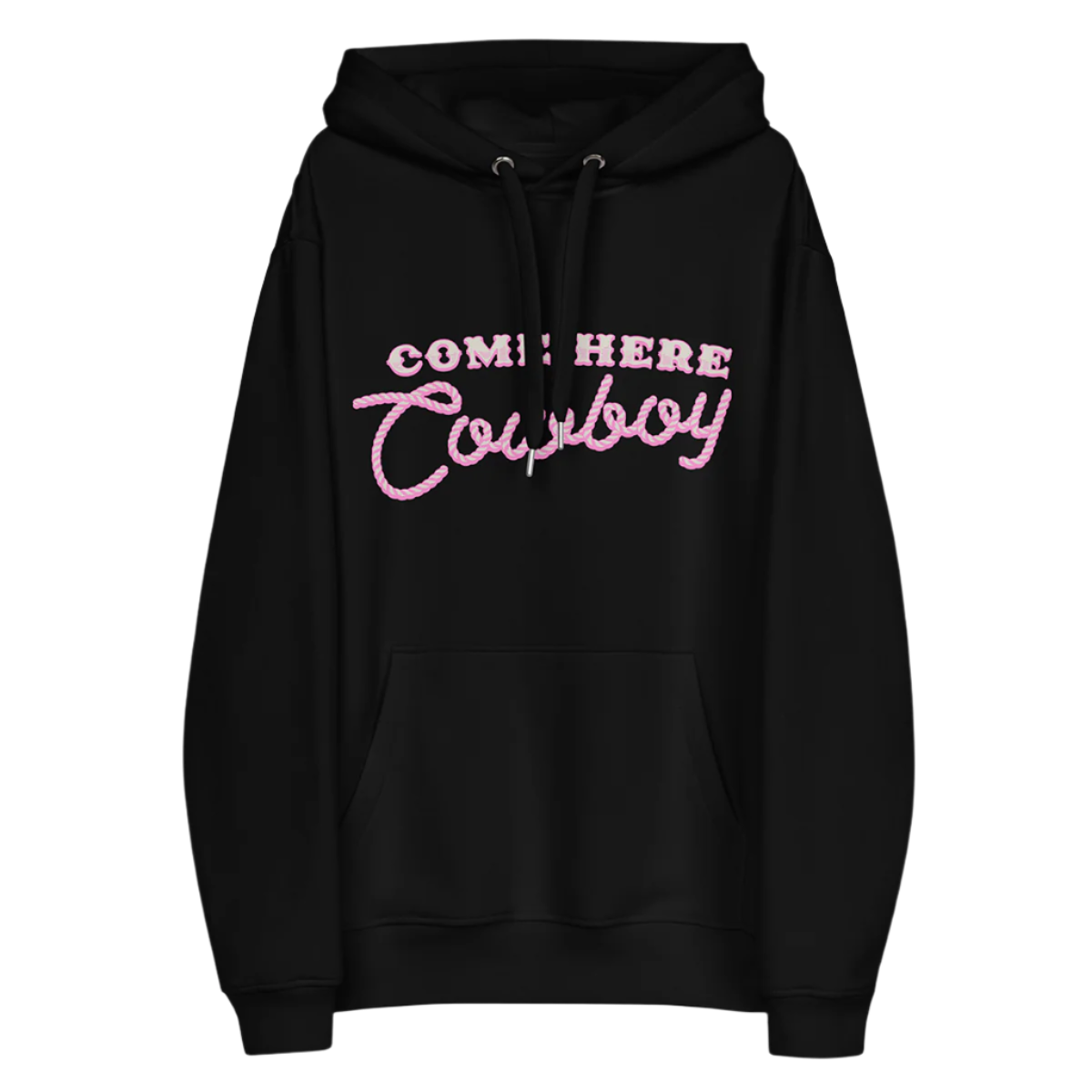 A classic black pullover hoodie with come here cowboy artwork across the front from Bunnie XO