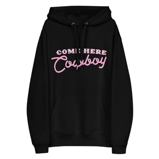 A classic black pullover hoodie with come here cowboy artwork across the front from Bunnie XO