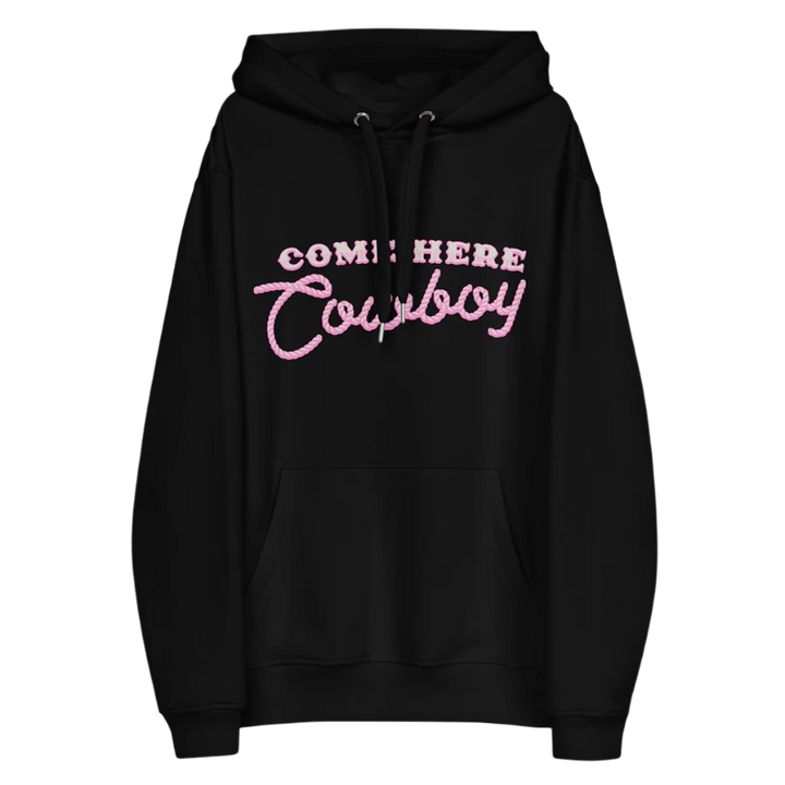 A classic black pullover hoodie with come here cowboy artwork across the front from Bunnie XO