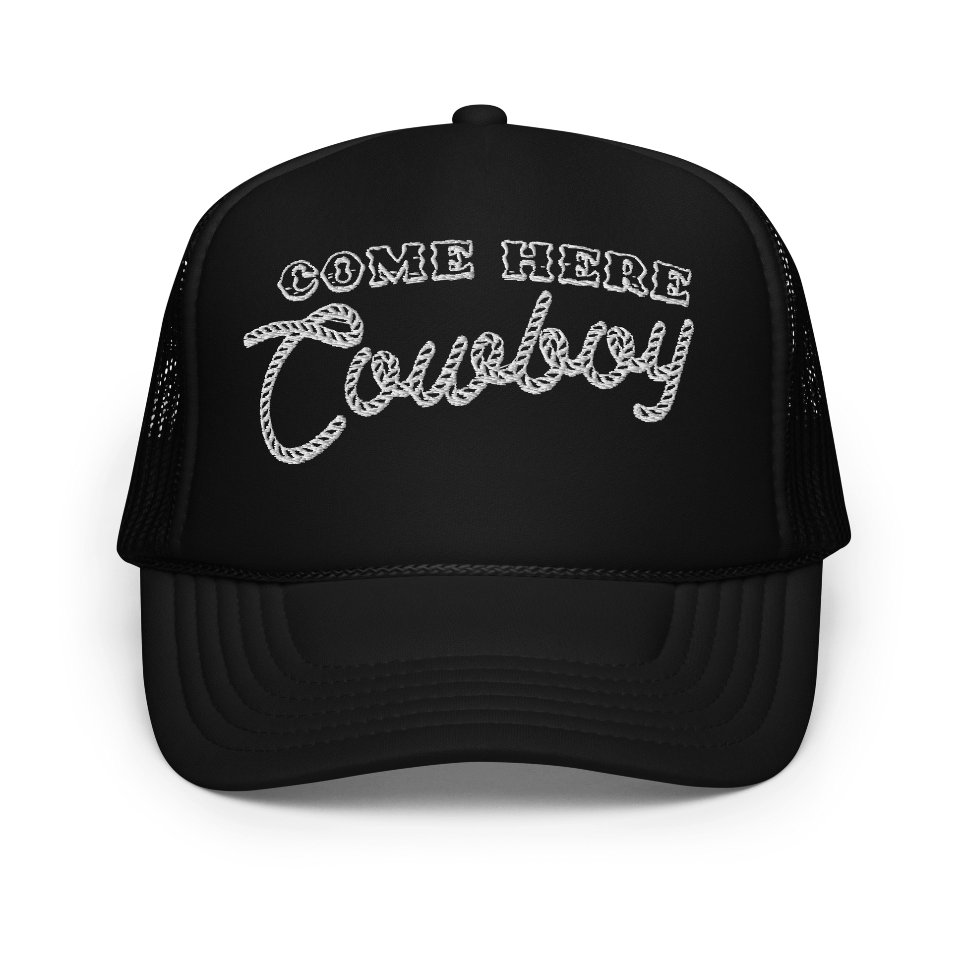 A classic black foam trucker hat with come here cowboy artwork on the front from Bunnie XO