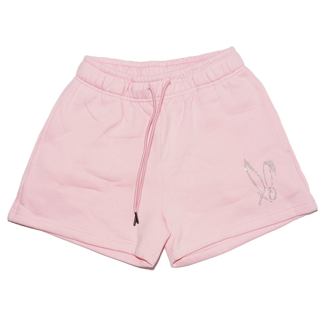 Pink fleece shorts with a bedazzled Bunnie Xo logo in rhinestones on the front. 