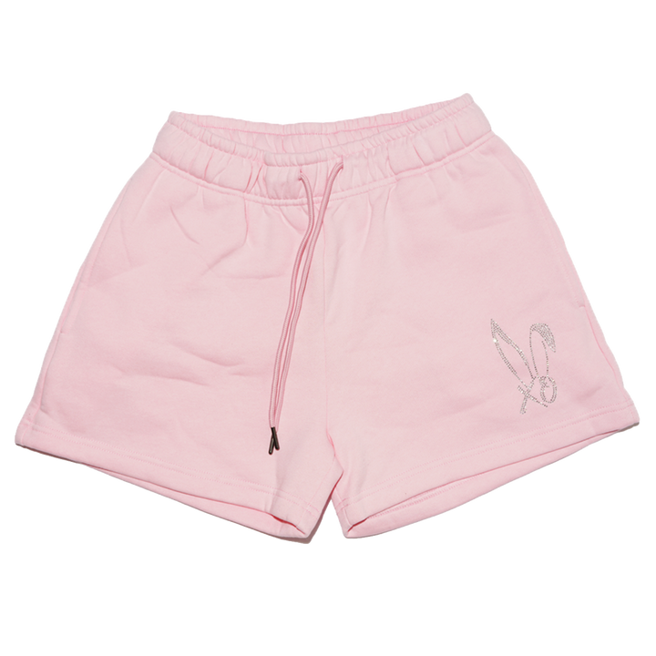 Pink fleece shorts with a bedazzled Bunnie Xo logo in rhinestones on the front. 