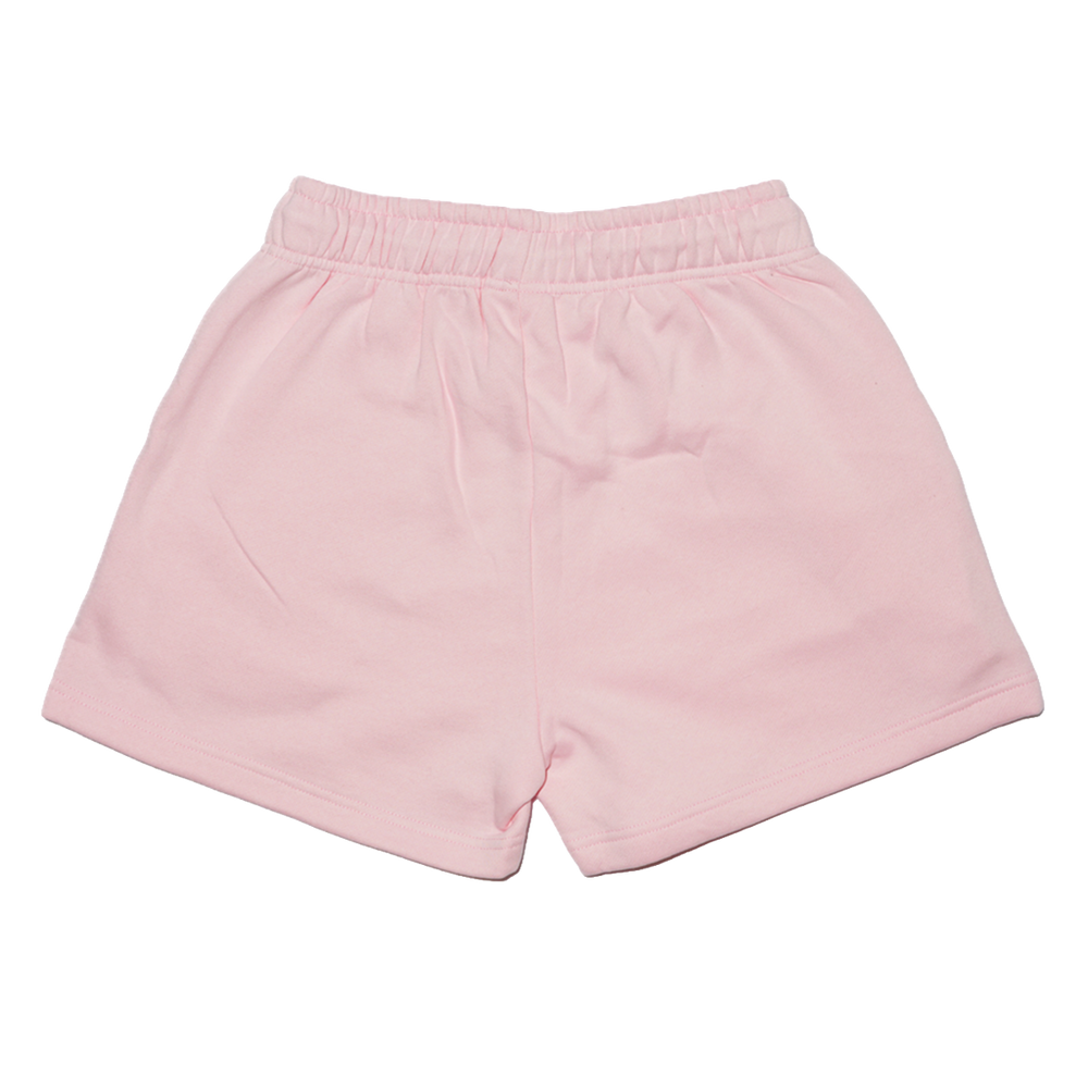 Pink fleece shorts with a bedazzled Bunnie Xo logo in rhinestones on the front. 