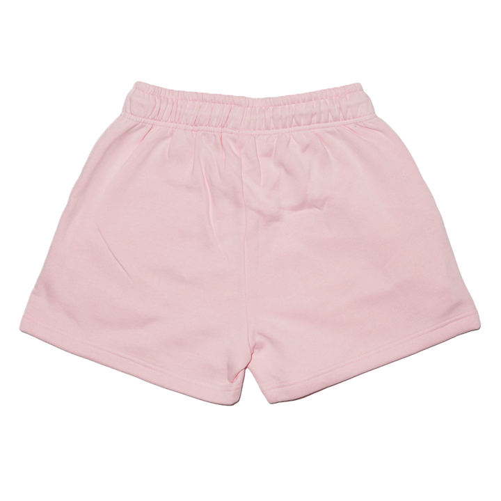 Pink fleece shorts with a bedazzled Bunnie Xo logo in rhinestones on the front. 