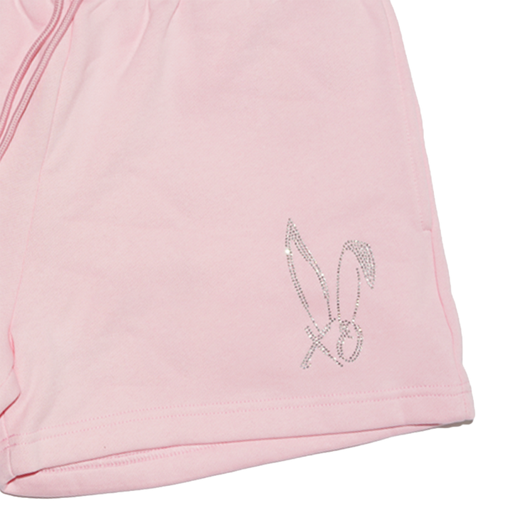 Pink fleece shorts with a bedazzled Bunnie Xo logo in rhinestones on the front. 